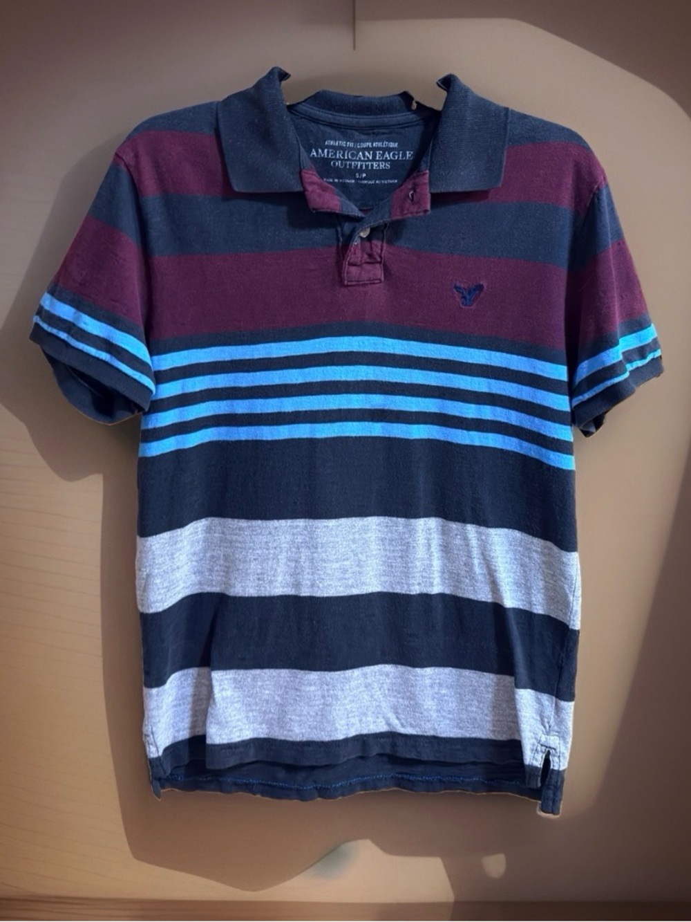 A E Outfitters Men’s Athletic Fit Striped Polo-Navy, Burgundy & Light Blue-S-GC